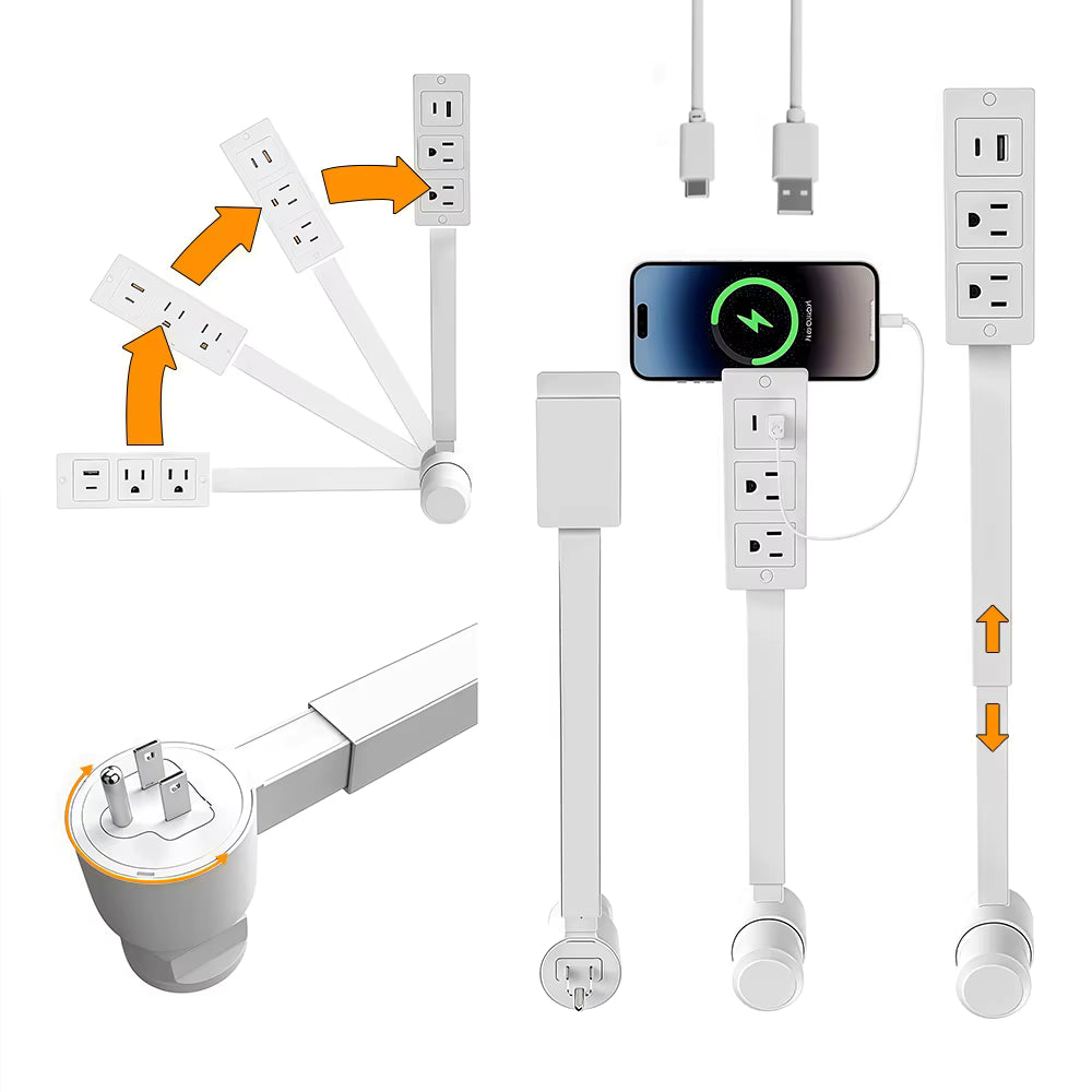 New Rotates 180° Electrical Outlet Extender Adjustable Length White Power Outlets Extender Power Socket Expander for Night Stand